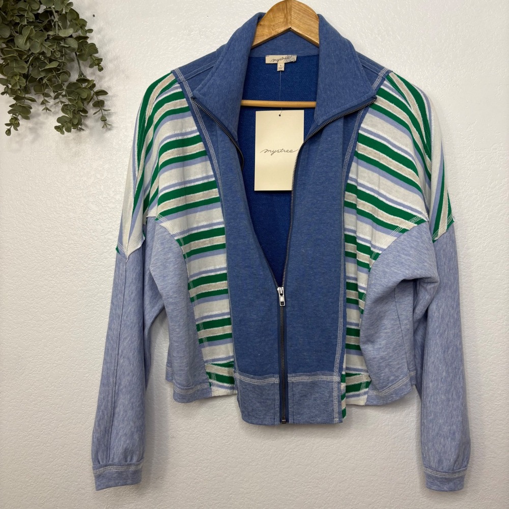 Mystree Womens Blue Striped Mixed Media Zip Up Jacket Small New - Picture 2 of 7